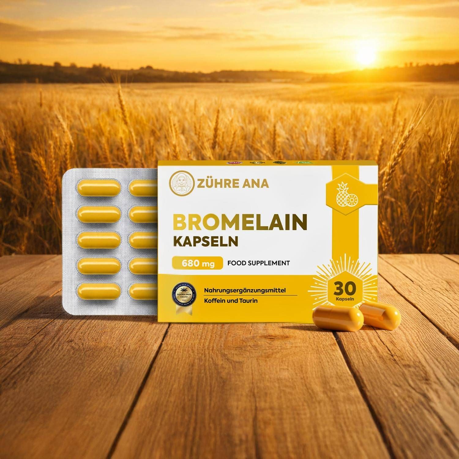 Confezione di capsule di bromelina, 680 mg, 30 capsule. Contiene caffeina e taurina.