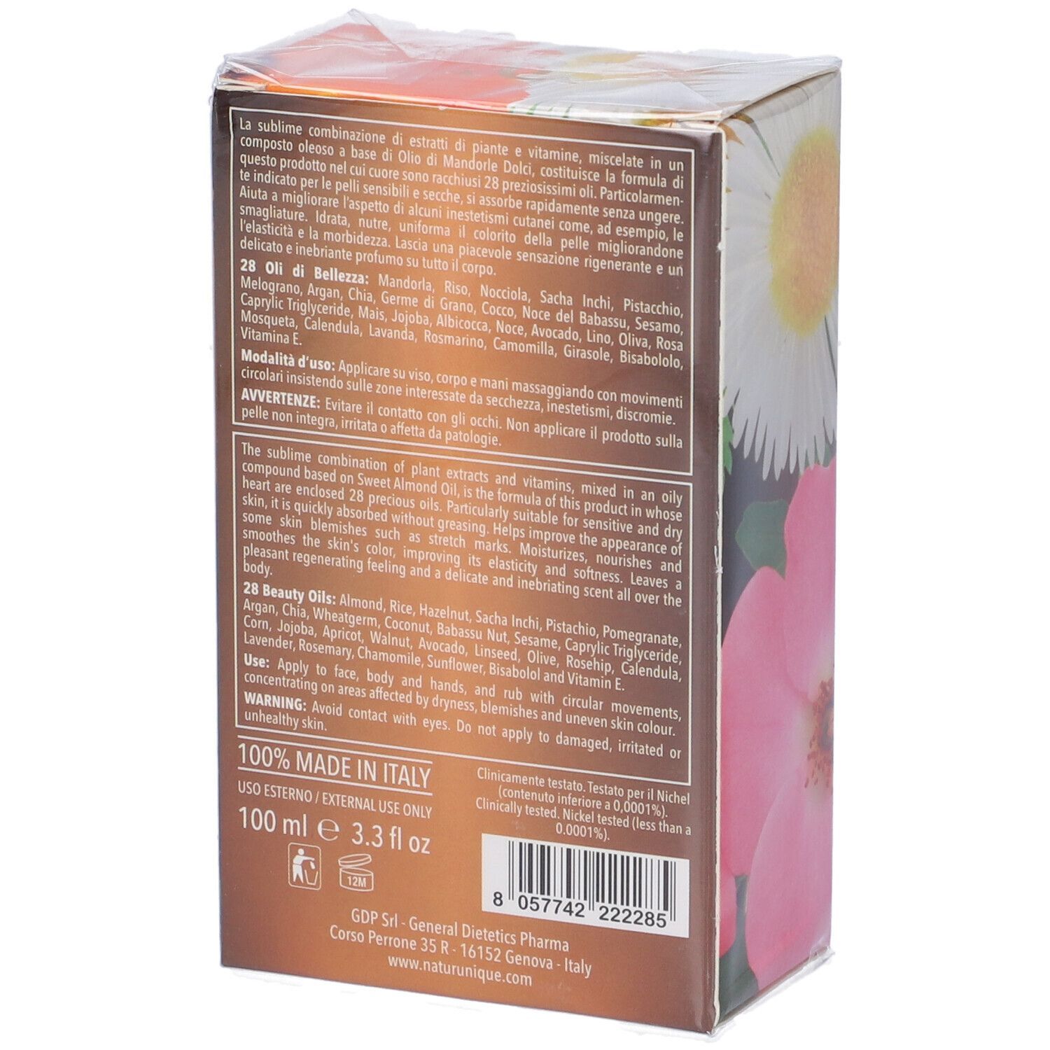 Retro della confezione Natur Unique 28 Oli Di Bellezza. Testo multilingue. Ingredienti e informazioni del produttore.