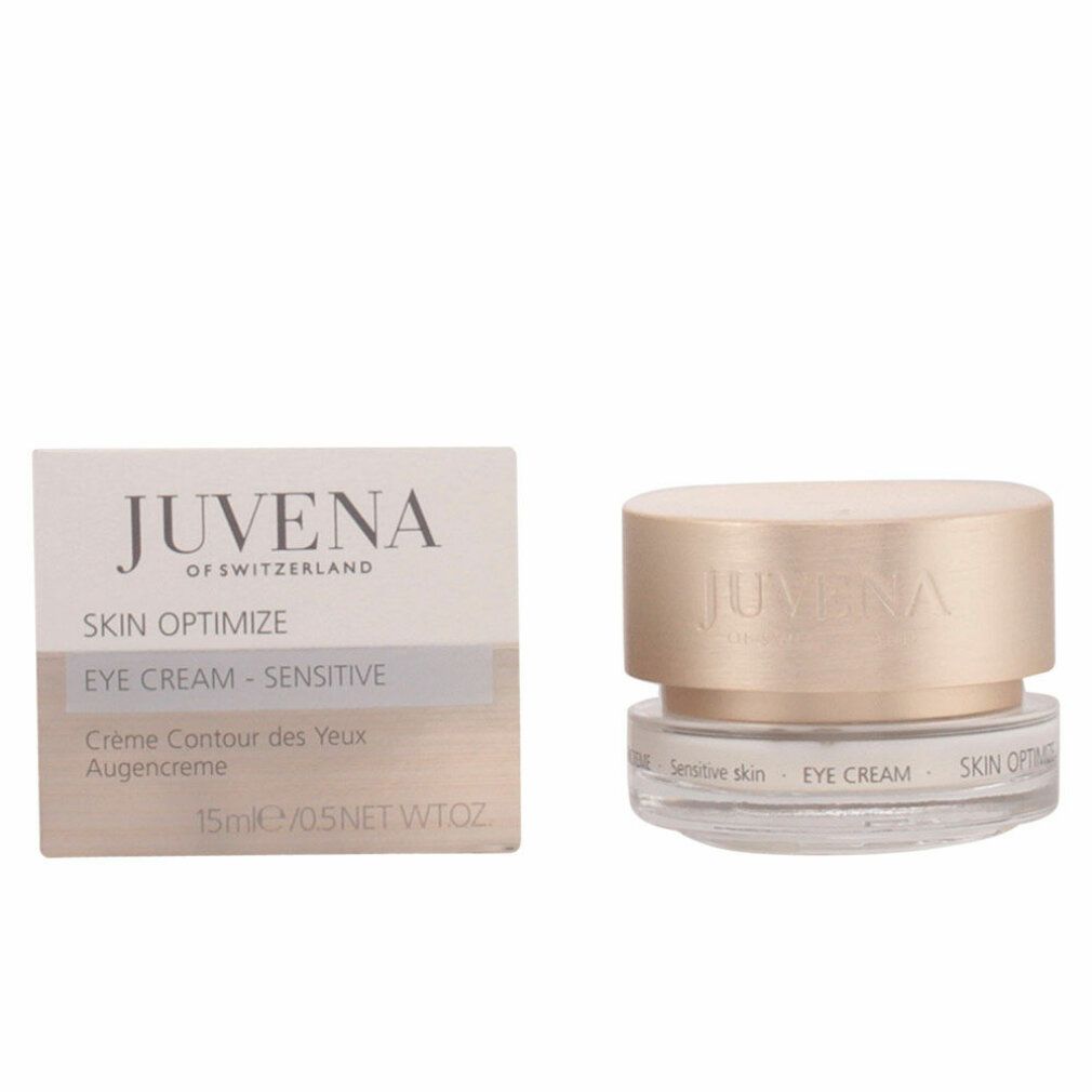 Vasetto di crema e scatola. Scritta: JUVENA OF SWITZERLAND. Testo: SKIN OPTIMIZE EYE CREAM - SENSITIVE. 15ml/0.5 NET WT OZ.