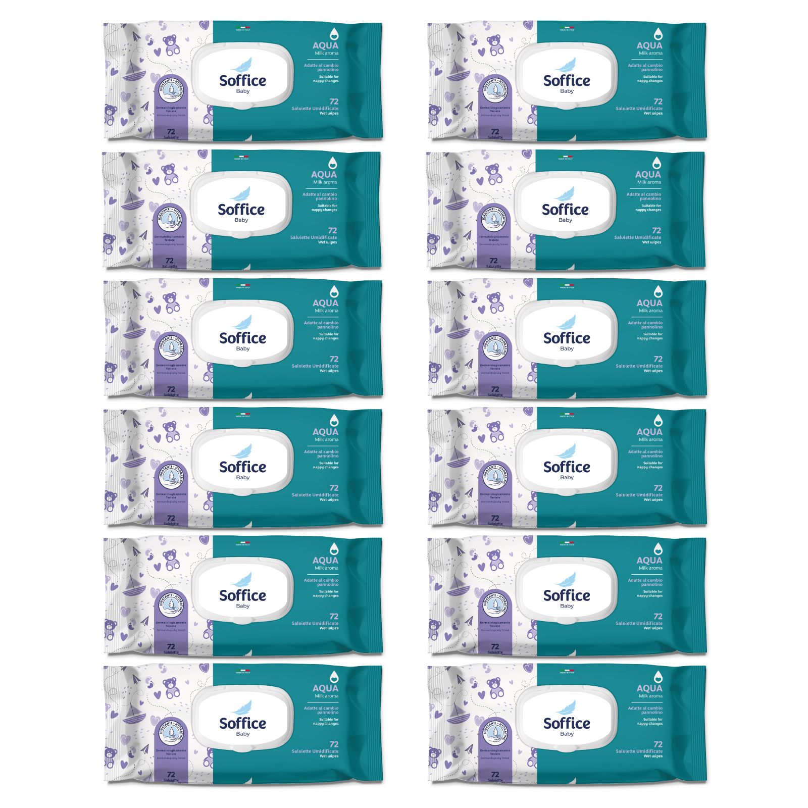 Soffice Salviette Baby Aqua: 12 confezioni di salviette umidificate, 72 pezzi.