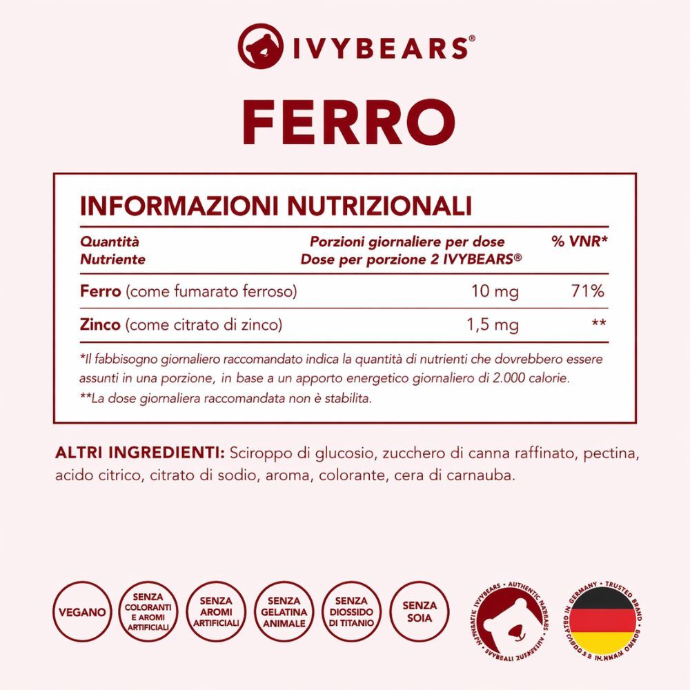 Informazioni nutrizionali. Ferro (10 mg), Zinco (1,5 mg). Altri ingredienti: sciroppo di glucosio, zucchero di canna, pectina, acido citrico, aroma.