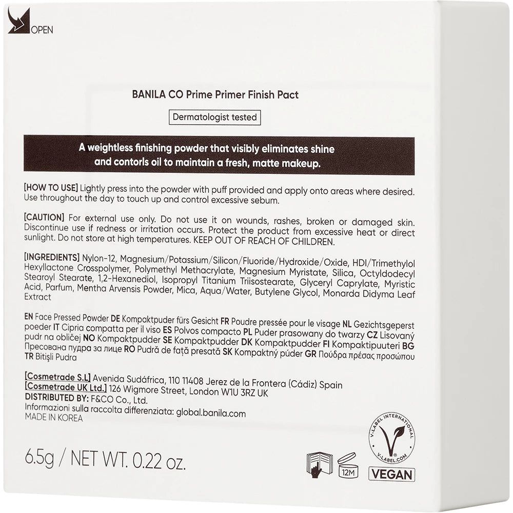 Banila Co Prime Primer Finish Pact, cipria compatta testata da dermatologi.