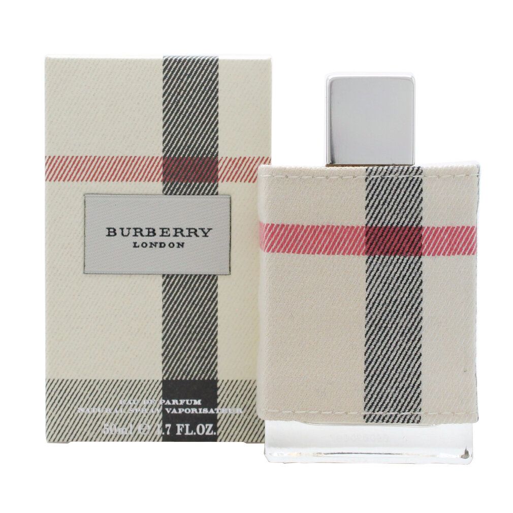 Flacone e confezione Burberry London Femme. Motivo a quadri beige. Tappo argentato. Scritta: Burberry London.