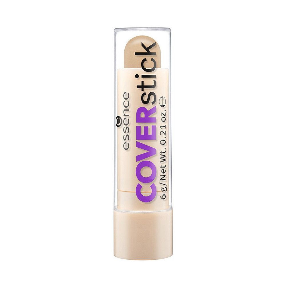 Stick correttore beige con cappuccio trasparente. Scritta: Coverstick, essence, 6 g/Net Wt. 0.21 oz. C.