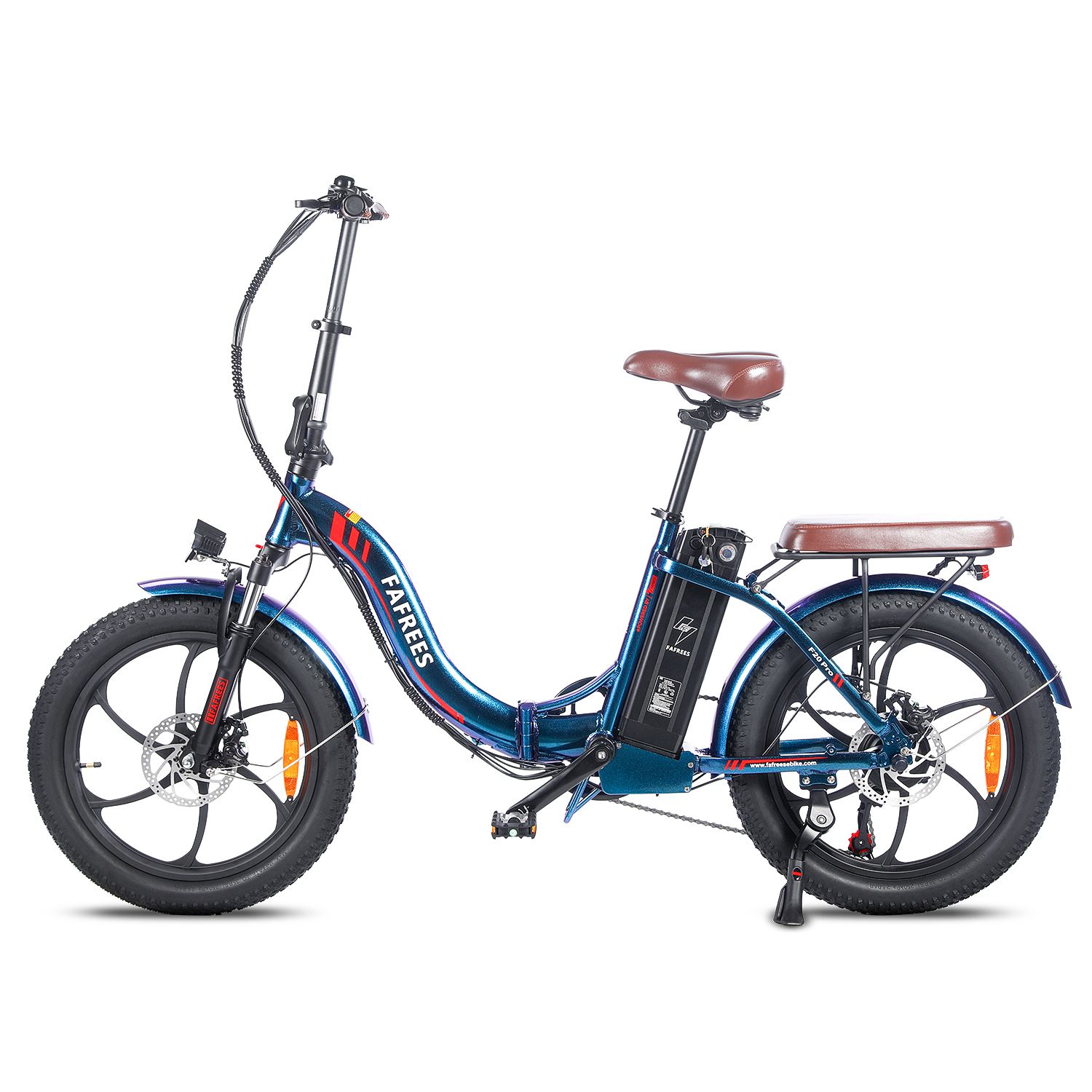 E-bike Fafrees F20 Pro blu, sella marrone, portapacchi. Pneumatici e cerchi neri. Batteria sul telaio.