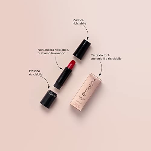 Rossetto smontato con confezione. Scritta: 'Carta da fonti sostenibili e riciclabile'.