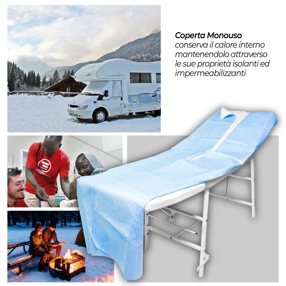 Telo monouso blu rettangolare su lettino bianco. Testo: "Coperta Monouso".