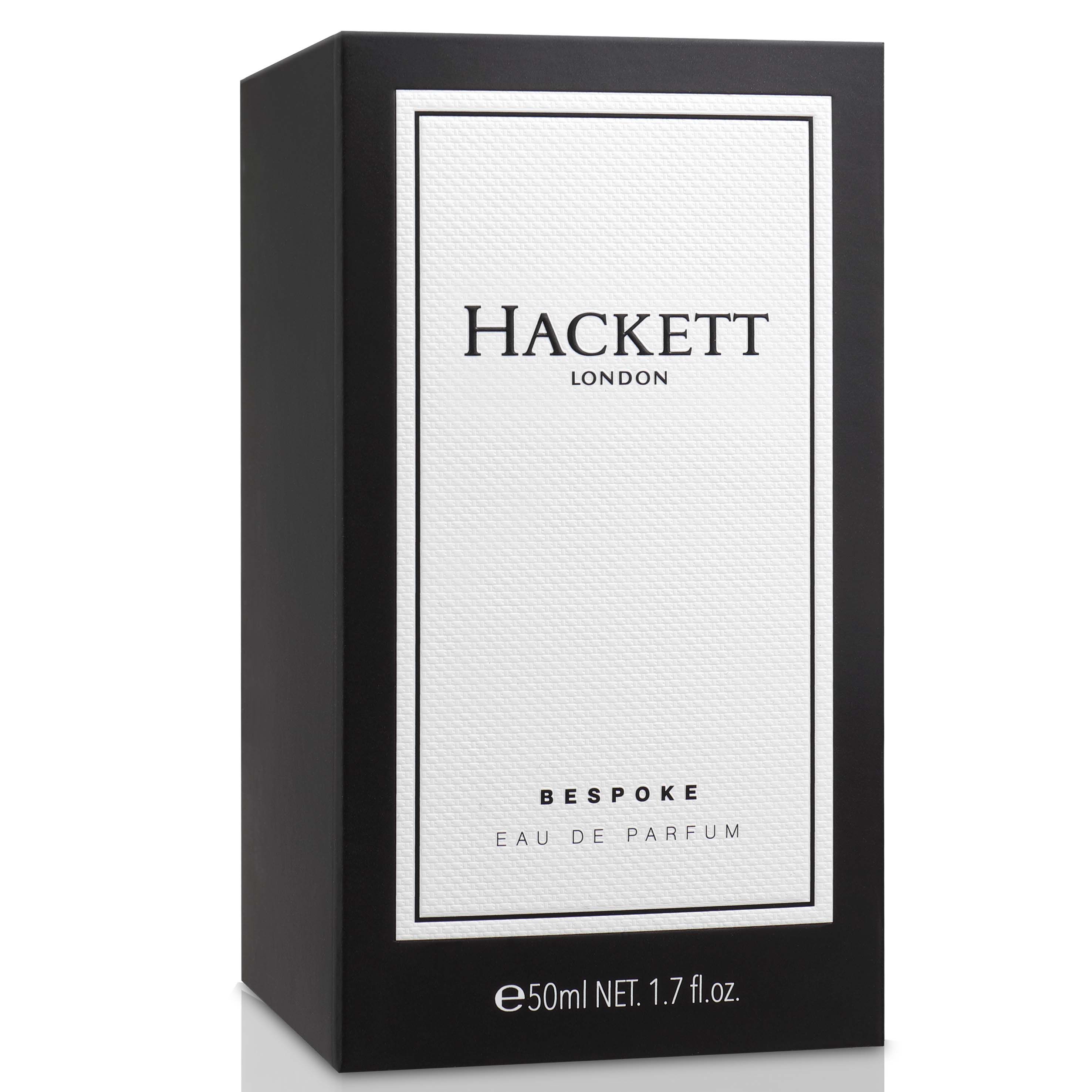 Confezione nera. Hackett Bespoke Eau de Parfum. Testo: Hackett London, Bespoke Eau de Parfum. In basso: 50ml NET. 1.7 fl.oz.