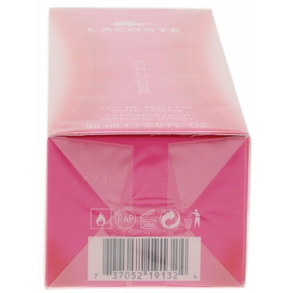 Fondo della confezione rosa Lacoste Touch of Pink Eau de Toilette con codice a barre.