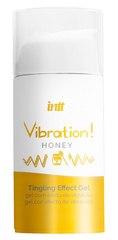 Flacone cilindrico con tappo bianco e base gialla. Scritta: Vibration! Honey, Tingling Effect Gel.