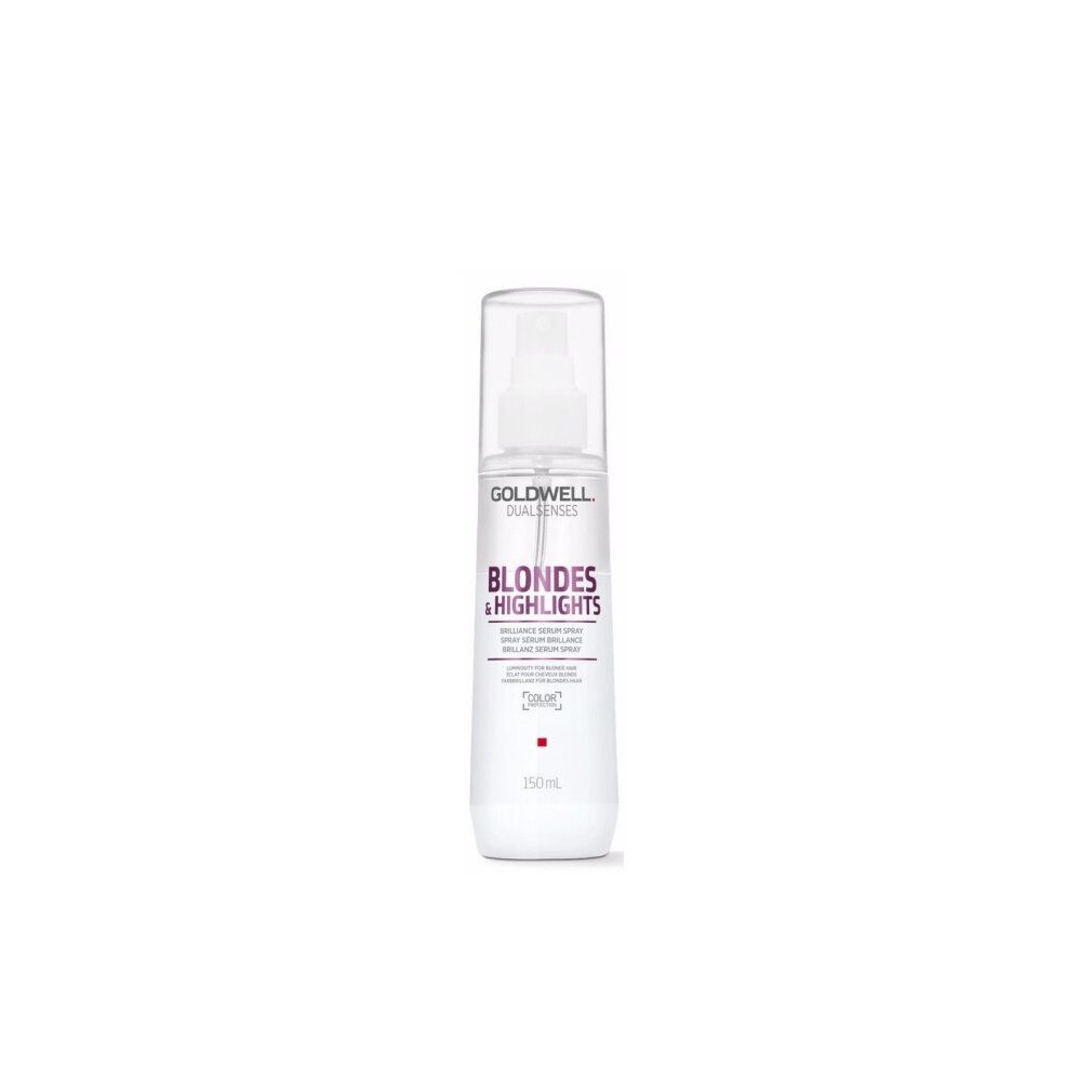 Goldwell Dualsenses Blondes & Highlights Serum Spray. Flacone bianco con erogatore spray. Nome del prodotto e logo visibili.