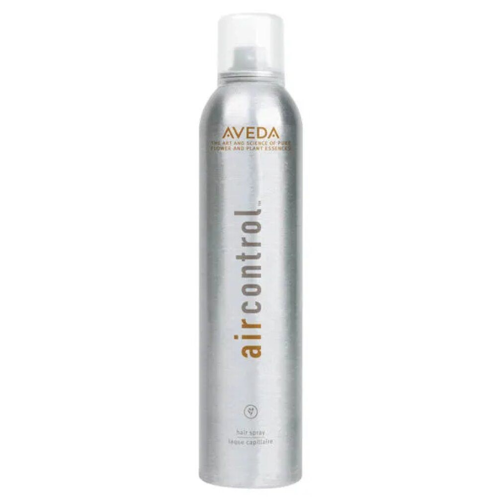Bomboletta spray per capelli argentata con tappo bianco. Scritta: Aveda, air control. Testo: dry spray, tenue légère.