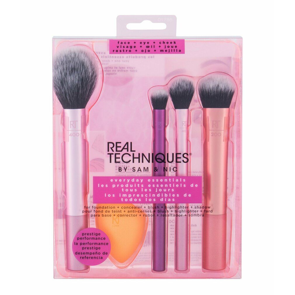 Set di pennelli trucco da cinque pezzi in confezione. Include pennelli per fondotinta, correttore, blush, illuminante e ombretto.