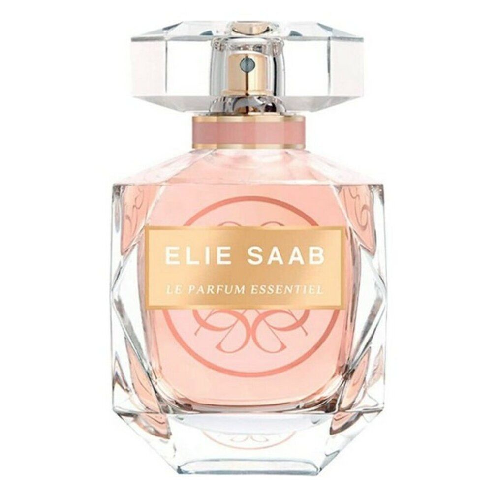 Flacone di profumo con liquido rosa, etichetta dorata e tappo trasparente. Testo: Elie Saab Le Parfum Essentiel.