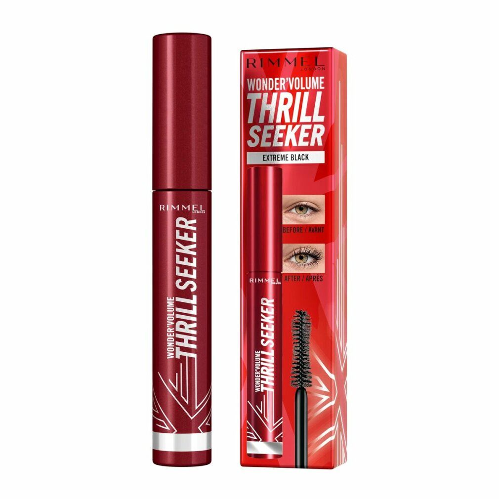 Mascara Rimmel London. Astuccio e confezione rossi. Scritta: Wonder Volume Thrill Seeker Extreme Black. Con spazzola.