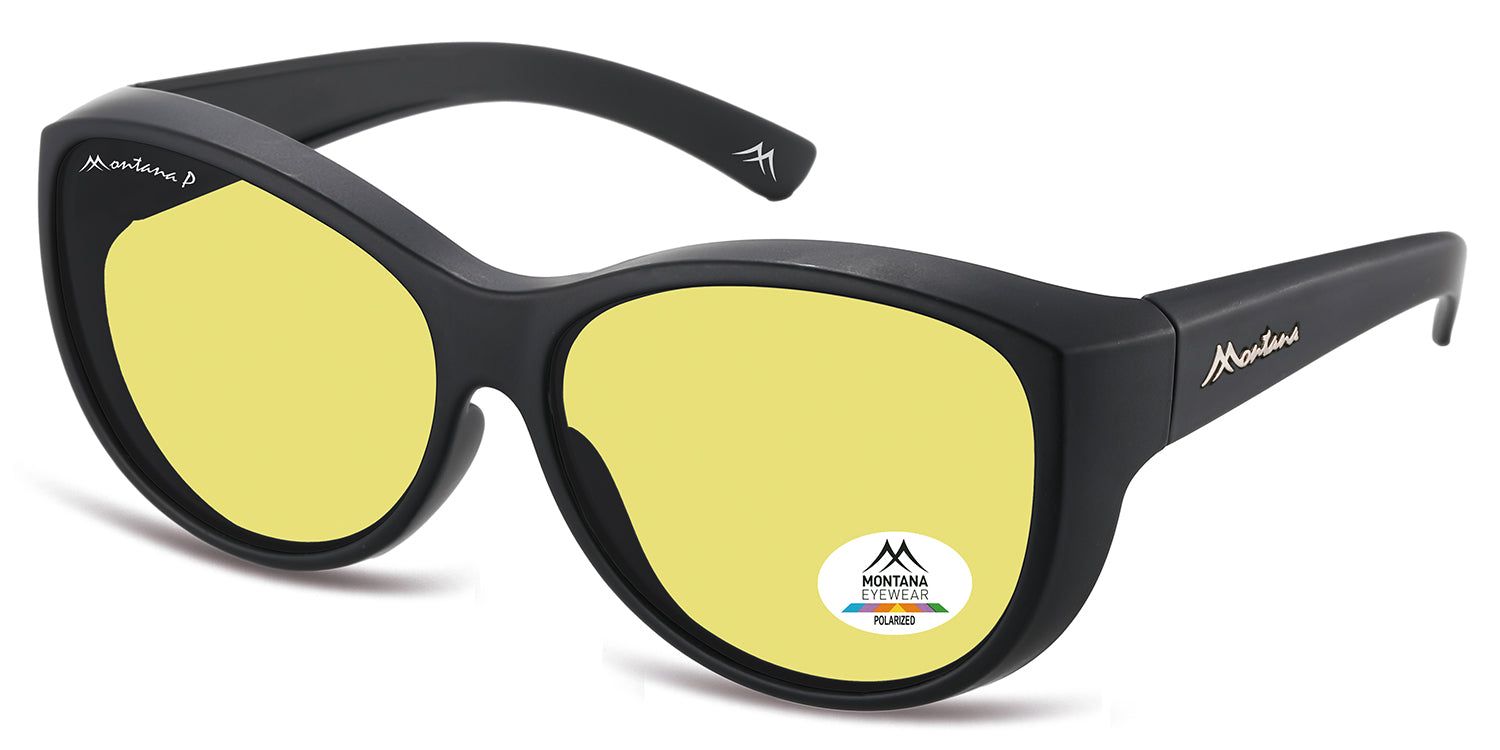 Occhiali da sole neri con lenti gialle. Logo Montana Eyewear ed etichetta di polarizzazione. Montatura nera.
