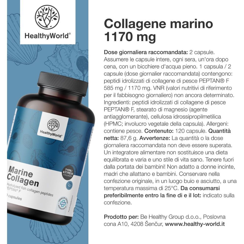 Flacone con testo e ingredienti. Logo: HealthyWorld. Testo: Collagene marino 1170 mg, 120 capsule.