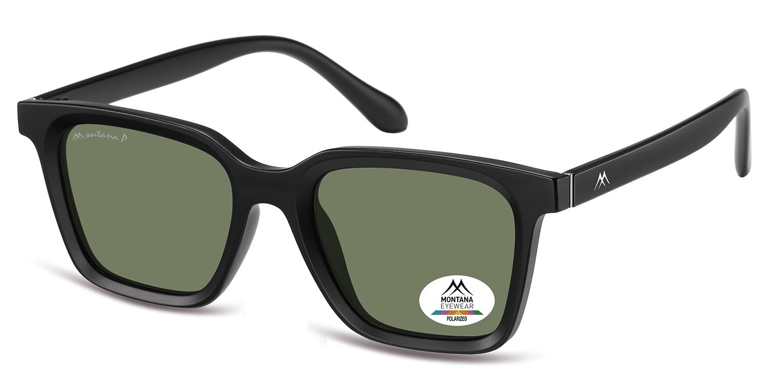 Occhiali da sole neri con lenti rettangolari. Un adesivo con il logo Montana Eyewear è su una lente. Gli occhiali sono leggermente inclinati.