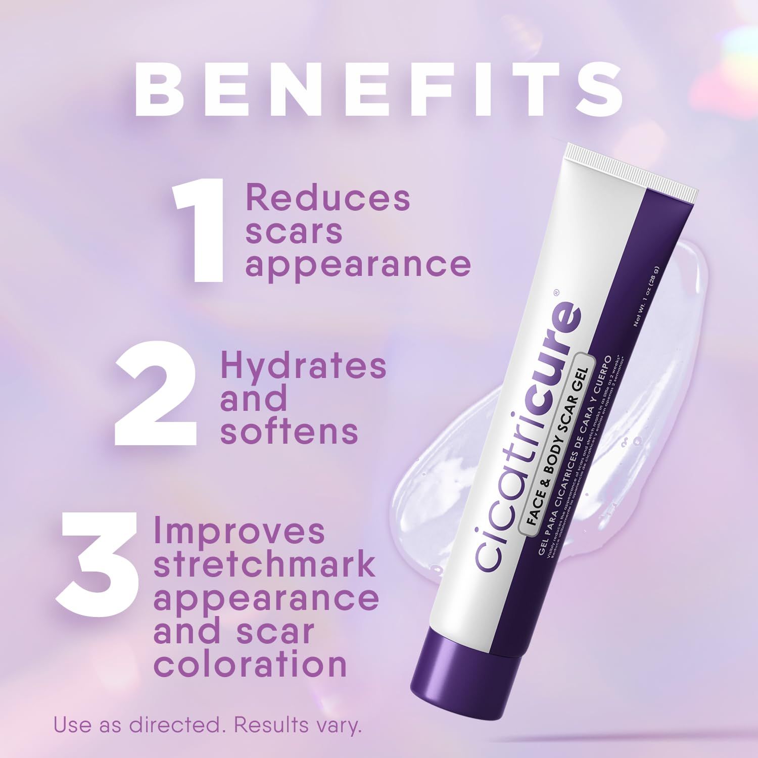 Tubo di Gel-Crema Cicatricure. Vantaggi: Riduce le cicatrici, idrata, migliora le smagliature. Viola e bianco.