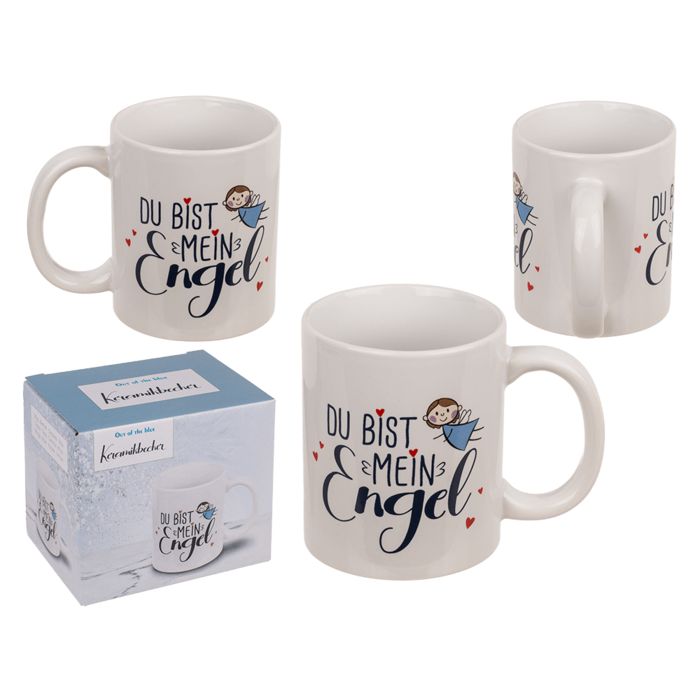 Tre tazze in ceramica bianca con manico. Scritta: Du bist mein Engel. Una tazza in confezione. Logo Out of the blue.