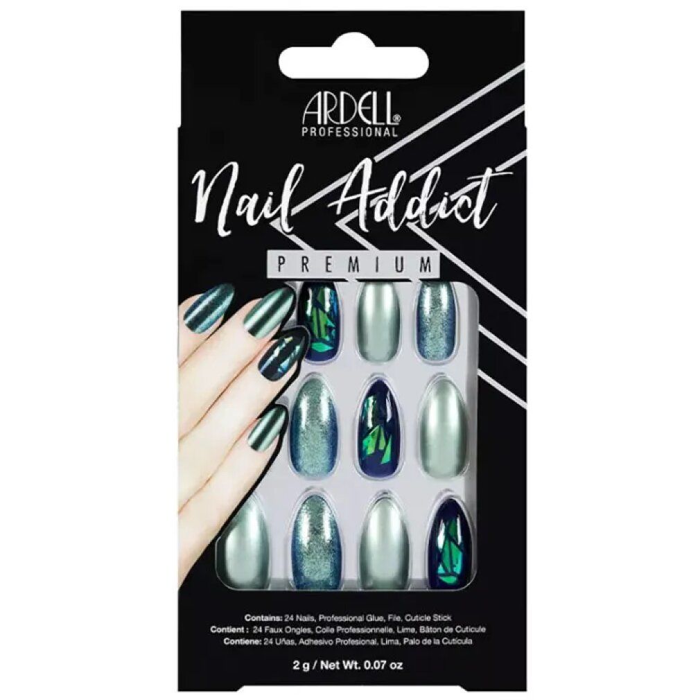 Unghie finte Ardell Nail Addict Premium. Unghie cromate verde glitterato in confezione. 12 unghie con design diversi.