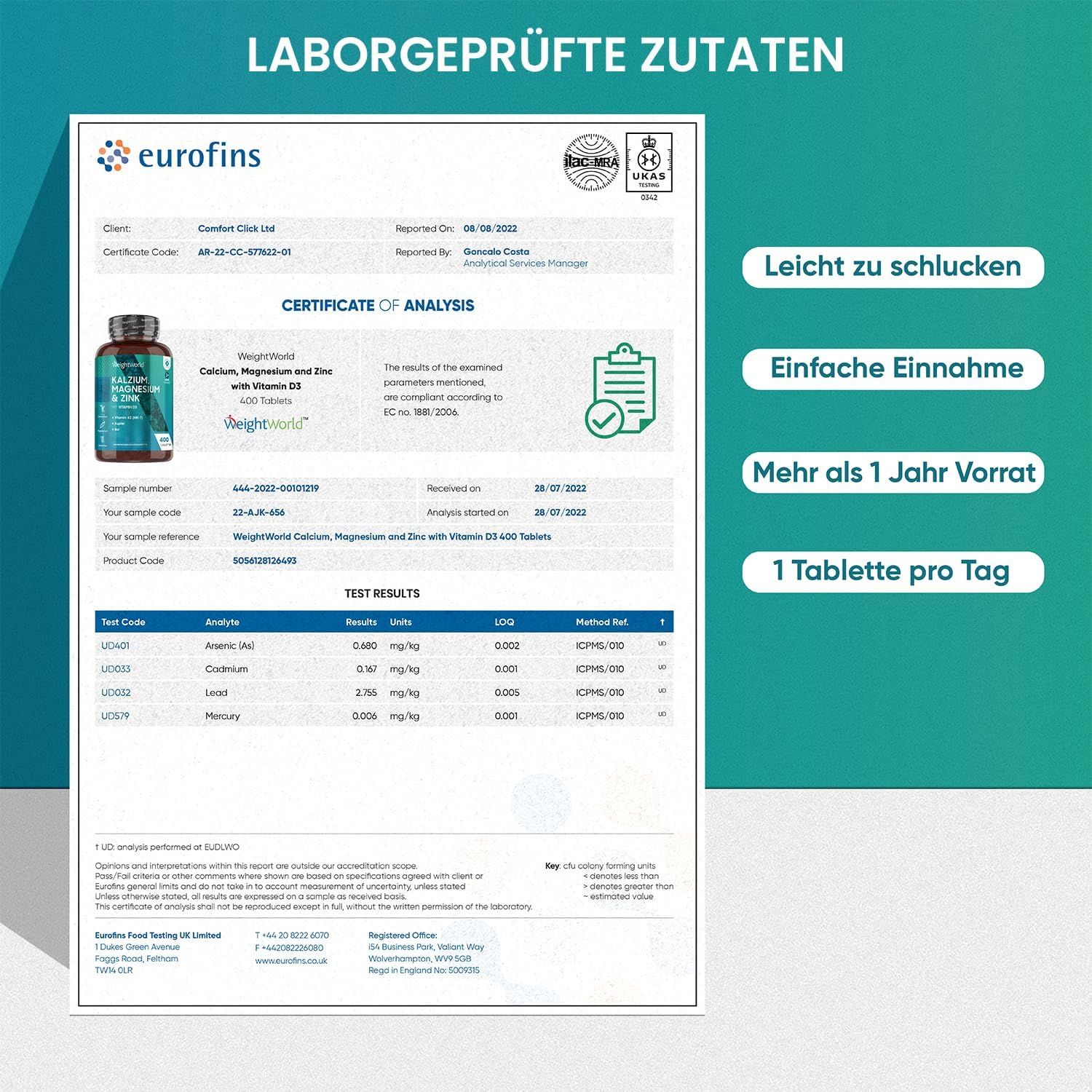 Certificato con testo e una bottiglia di WeightWorld Calcio Magnesio Zinco. Testo: Ingredienti testati in laboratorio.