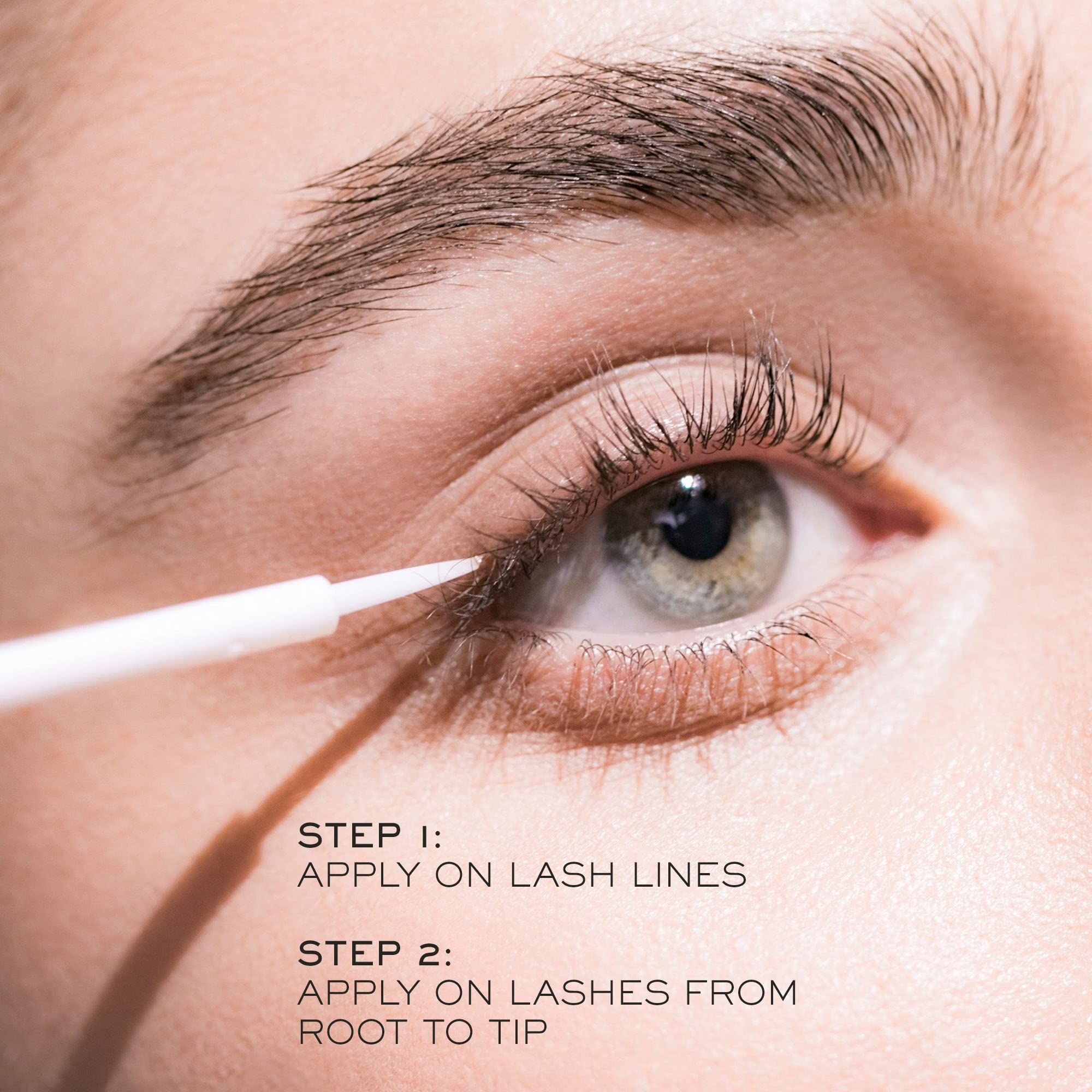 Primo piano di un occhio, applicatore applica siero sulla linea delle ciglia. Testo: Step 1: Apply on lash lines, Step 2: Apply on lashes.