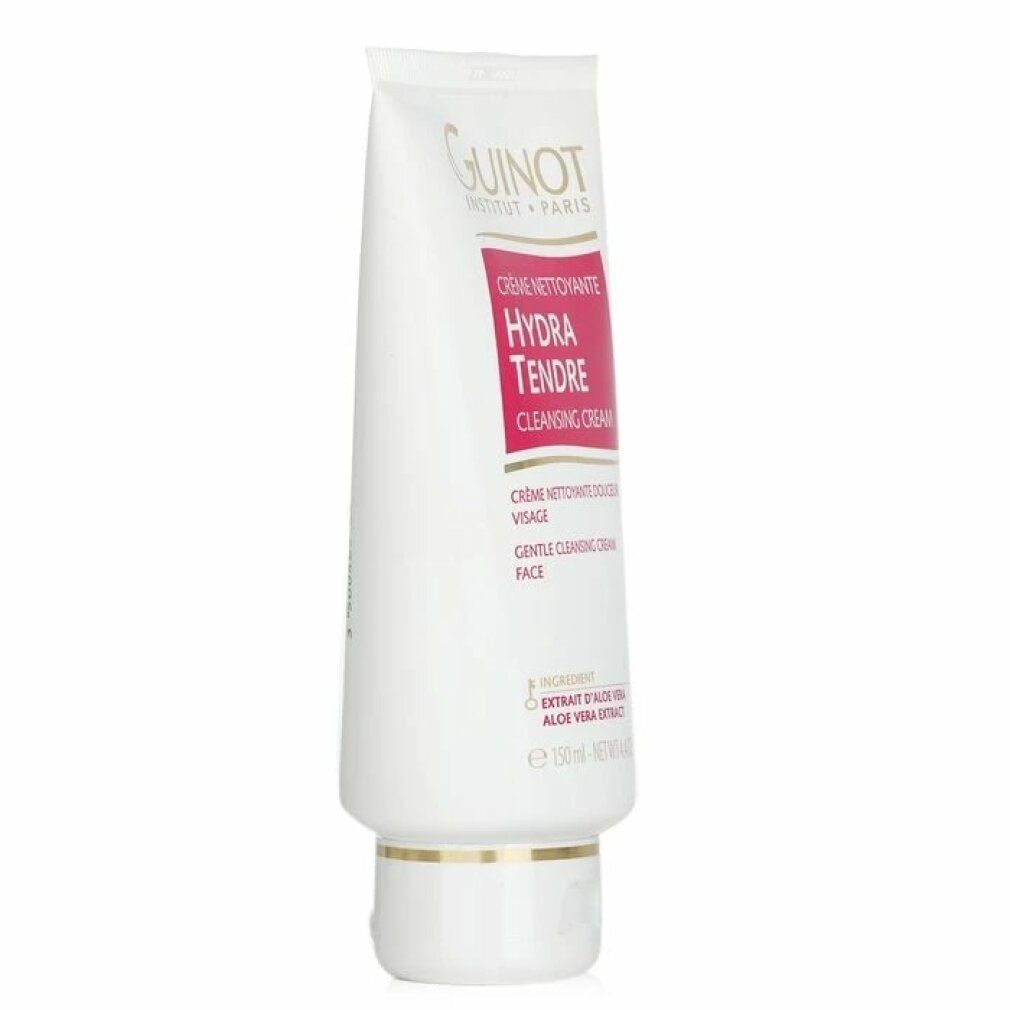 Tubo bianco inclinato. Etichetta rossa con logo Guinot e Hydra Tendre. Testo: Cleansing Cream. Con estratto di aloe vera.