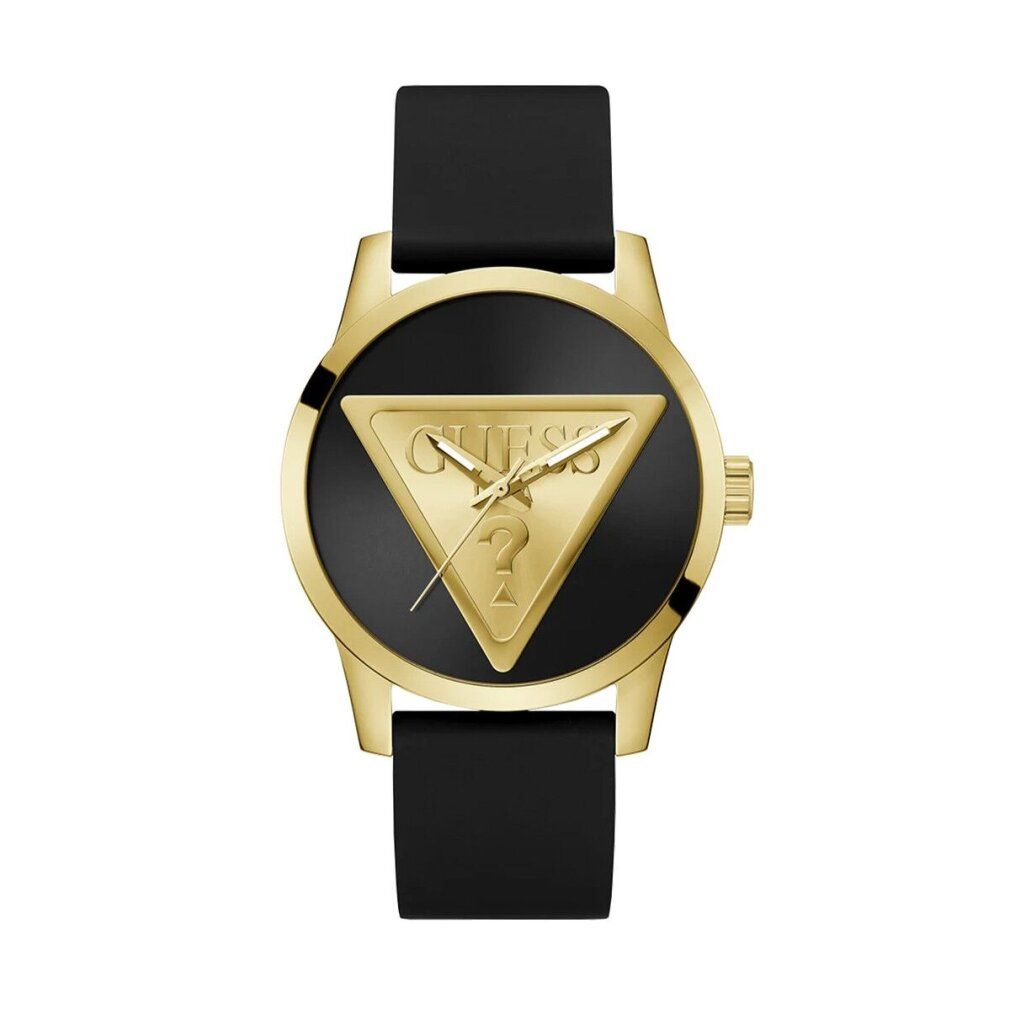 Orologio da uomo con quadrante nero e cassa dorata. Cinturino nero. Logo dorato a forma di triangolo.