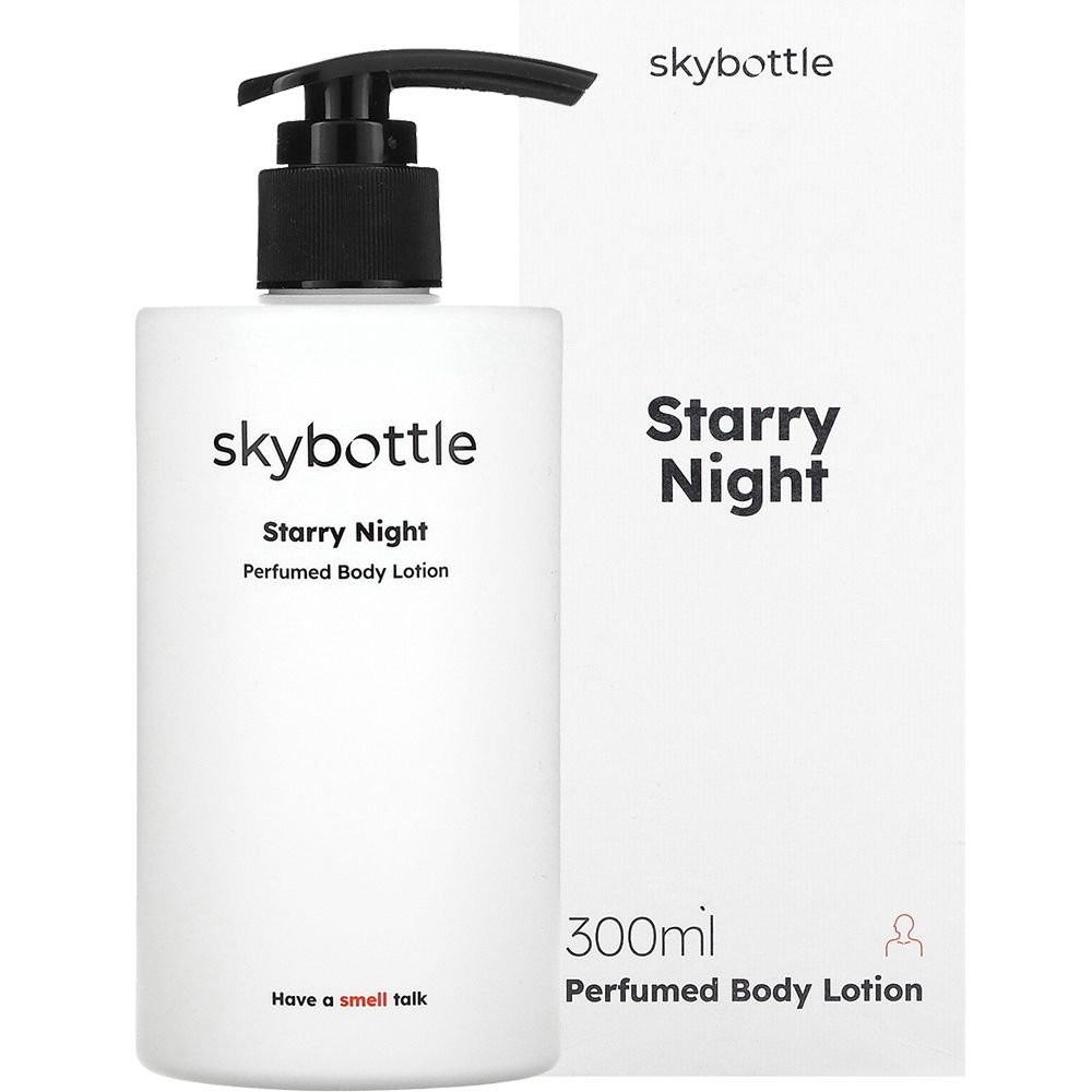 Flacone bianco con erogatore nero e confezione. Scritta: skybottle, Starry Night, Perfumed Body Lotion, 300ml.