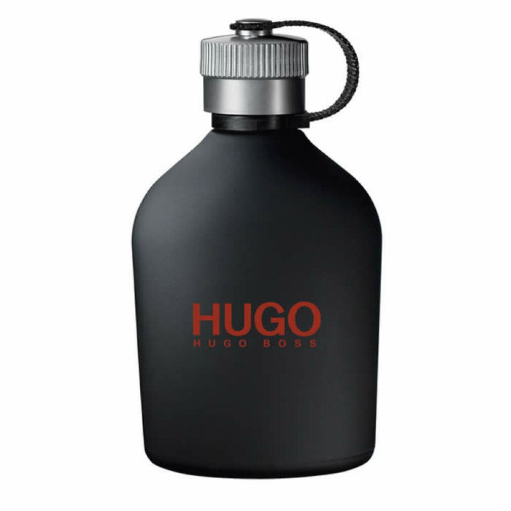 Flacone nero con scritta HUGO rossa. Tappo argentato con cinturino nero. Forma arrotondata del flacone.