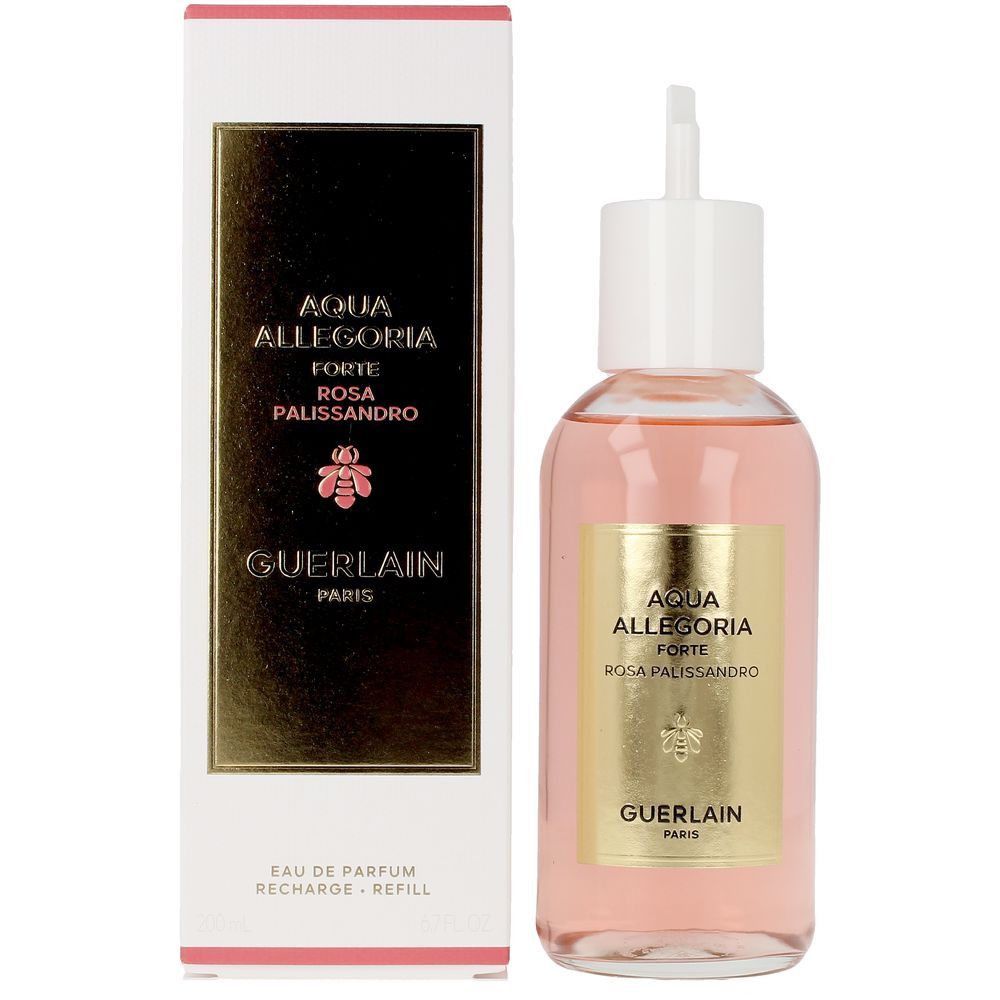 Flacone e confezione di profumo Rosa Palissandro. Flacone con liquido rosa, tappo bianco. Etichetta dorata, scritta Guerlain.