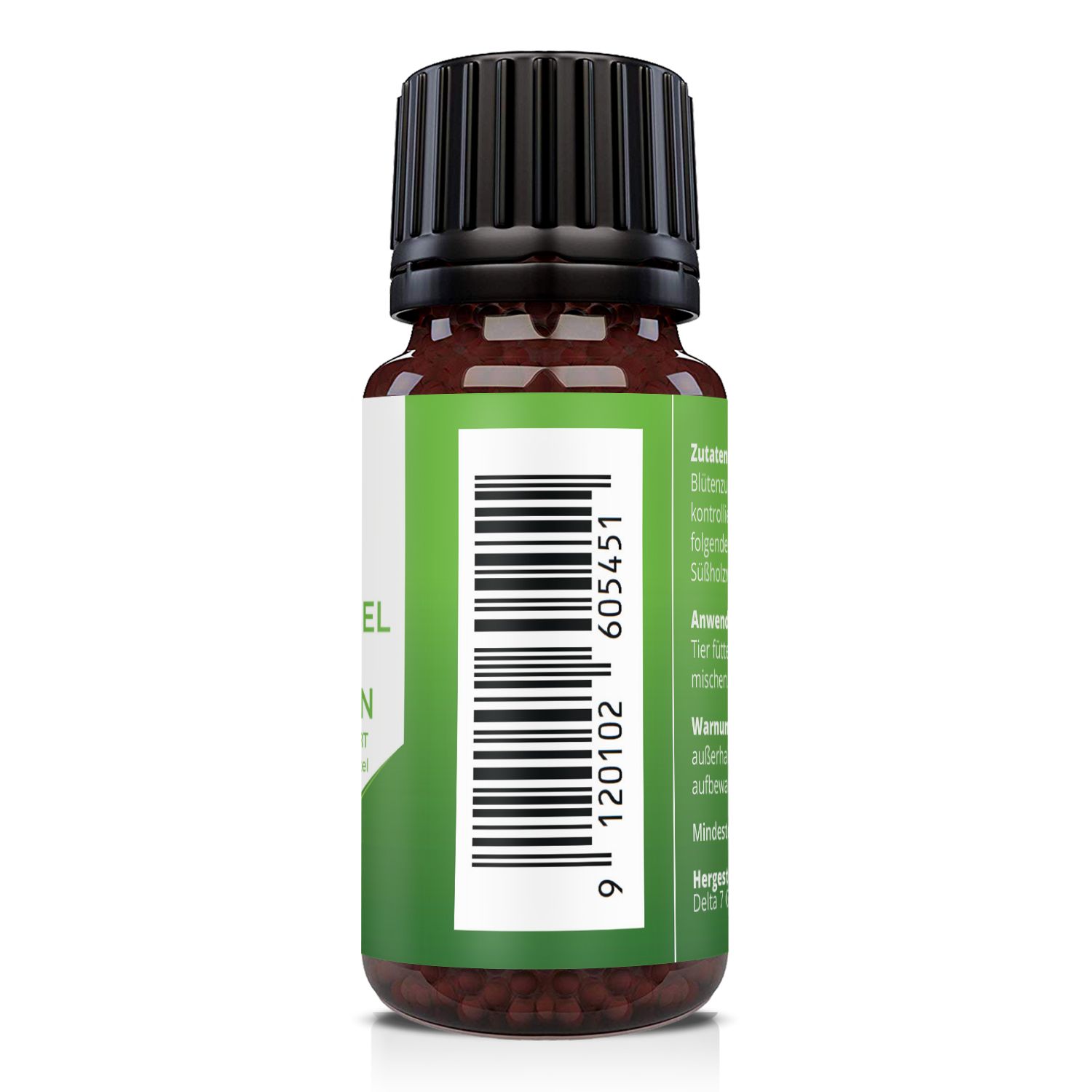 Flacone marrone con tappo nero. Retro con codice a barre e testo. Prodotto per e distribuito da: LS & C Nutrition.