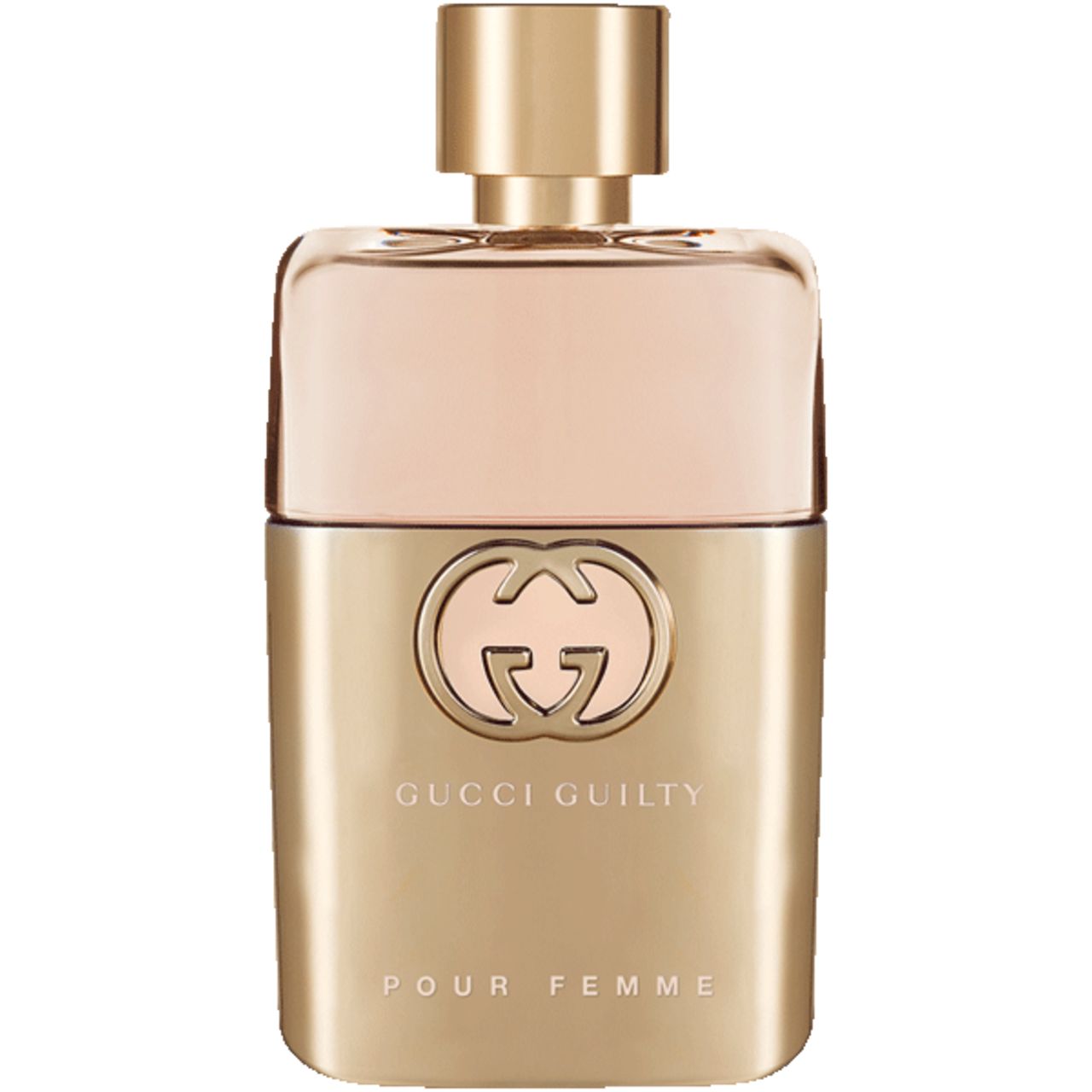 Flacone dorato con tappo dorato. Logo Gucci e scritta GUILTY POUR FEMME.