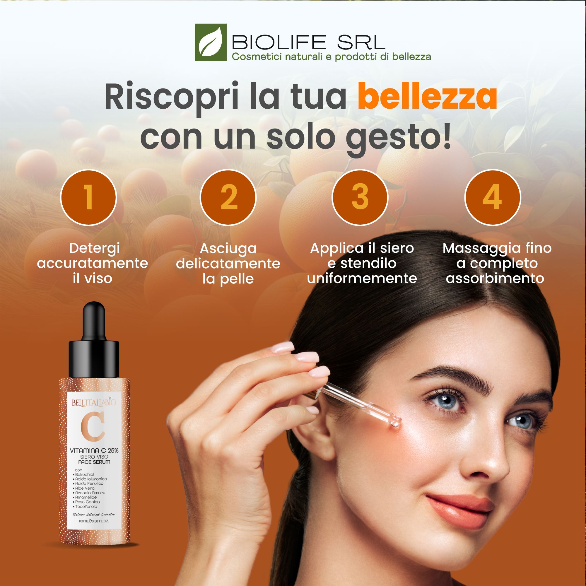 Donna con siero. Testo: Riscopri la tua bellezza, passaggi: Detergere, Asciugare, Applicare, Massaggiare. Logo: Biolife SRL.