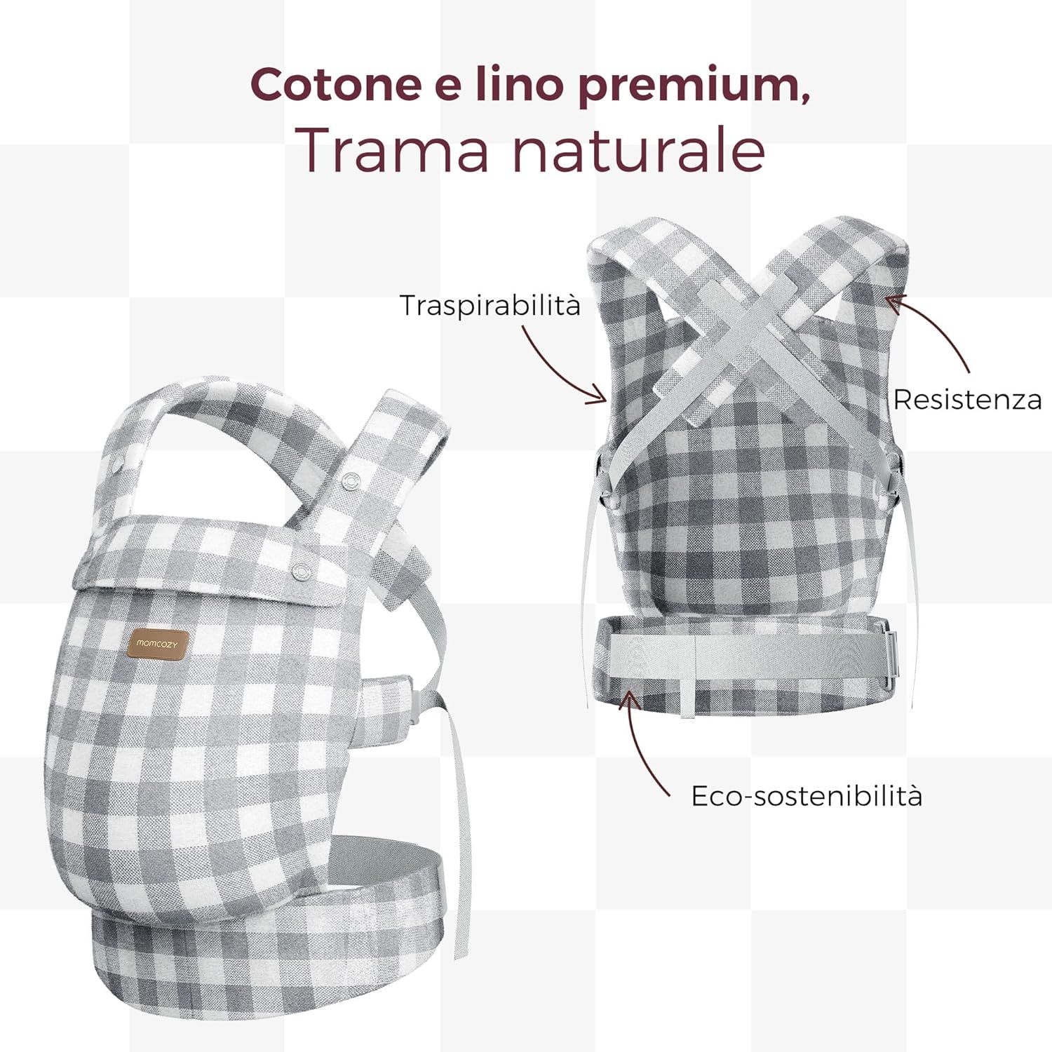 Momcozy Marsupio per Bambini Leggero e Traspirante con Motivo a Quadri Blu Grigio