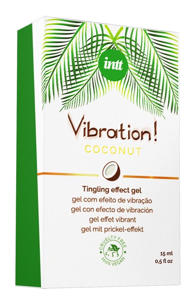 Confezione con nome e logo del prodotto. Testo: Vibration! Coconut, Tingling effect gel. Con sigillo Cruelty Free. 15 ml.