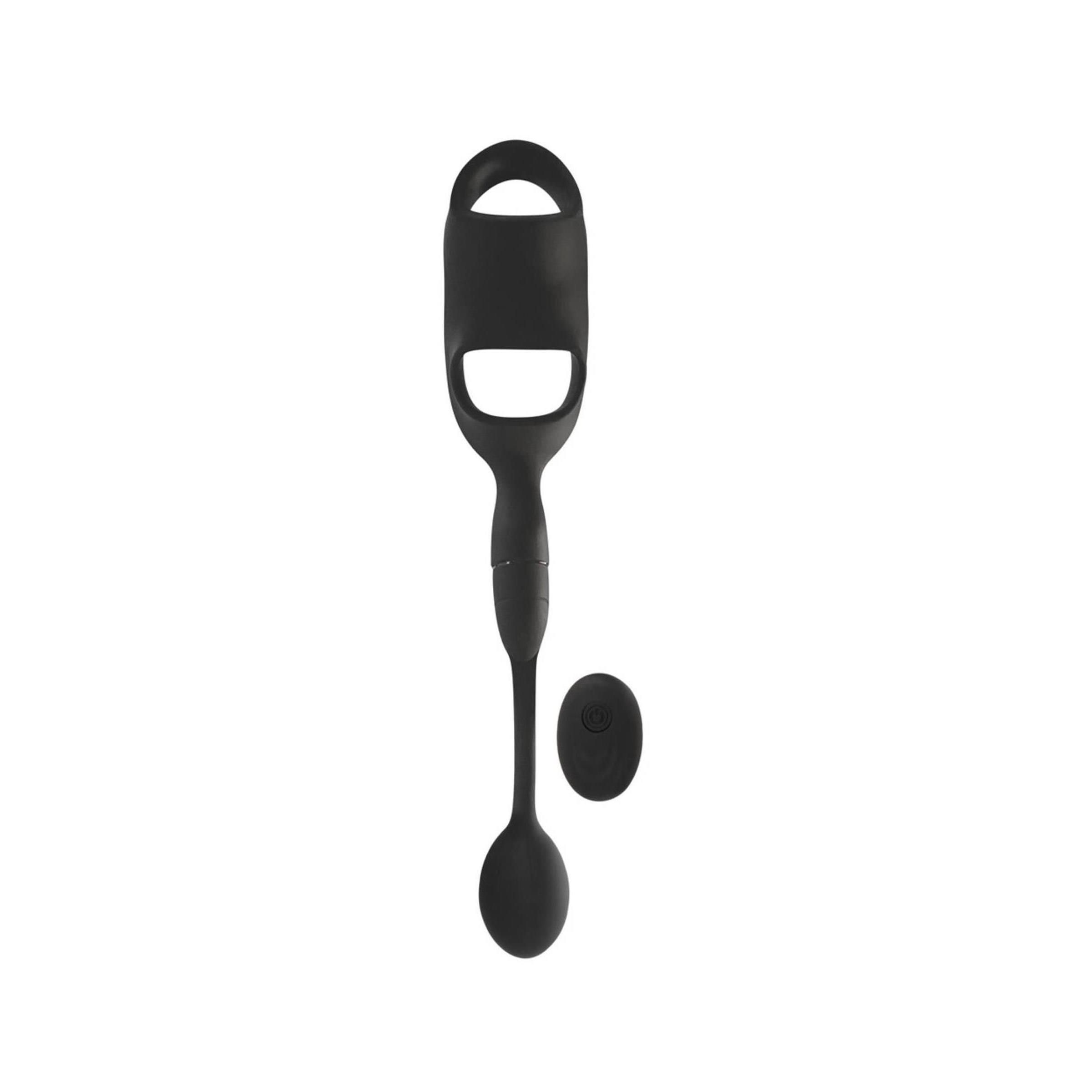 Anello per pene nero con plug anale e telecomando separato.