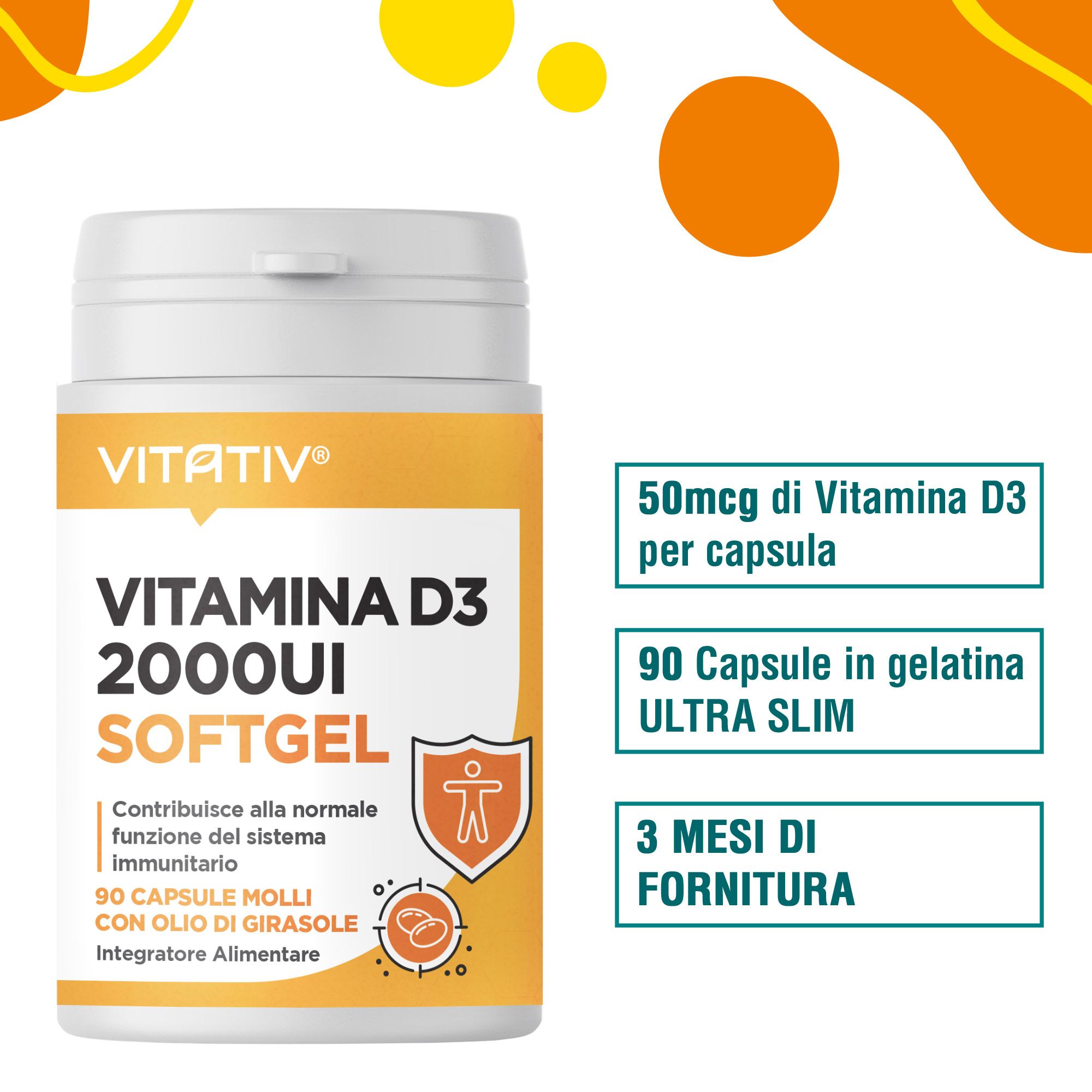 VITATIV® Vitamina D3 2000 UI Mini Softgel - Capsule Molli con Olio di Girasole