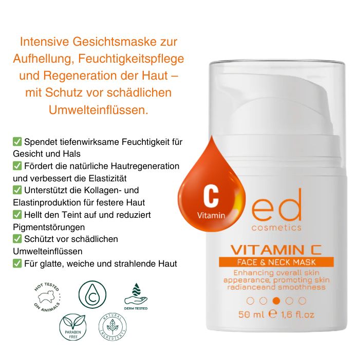 Flacone bianco con dosatore. Goccia arancione con vitamina C. Testo: Vitamin C Face & Neck Mask. Marchio: ed cosmetics.