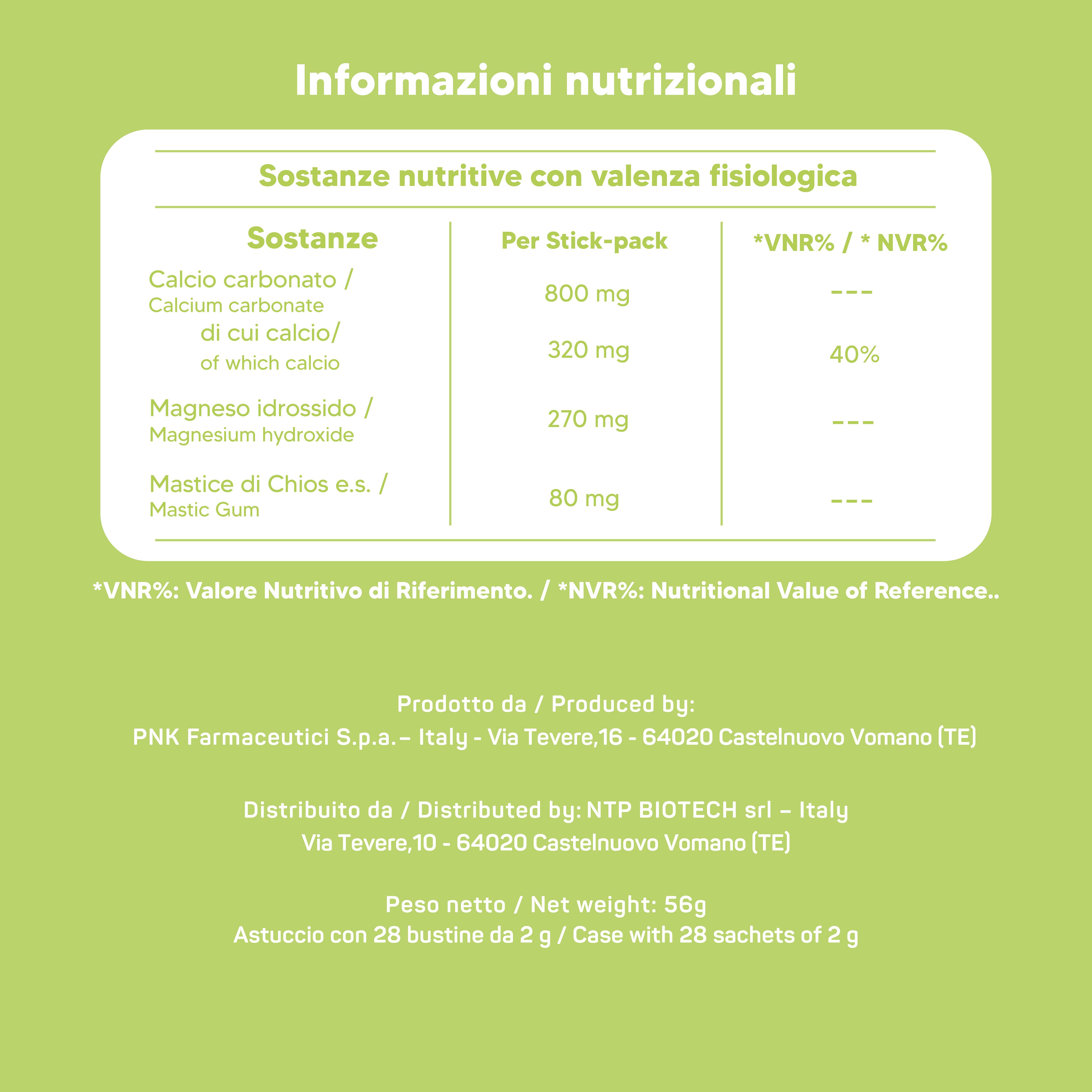 Tabella nutrizionale. Ingredienti: carbonato di calcio, idrossido di magnesio, gomma mastice. Prodotto da PNK Farmaceutici. Distribuito da NTP BIOTECH.