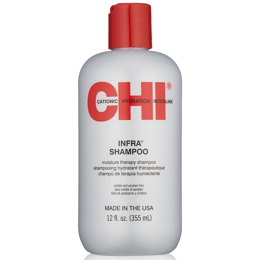 Flacone bianco con tappo rosso. Etichetta CHI Infra Shampoo. Testo: moisture therapy shampoo, 12 fl. oz.