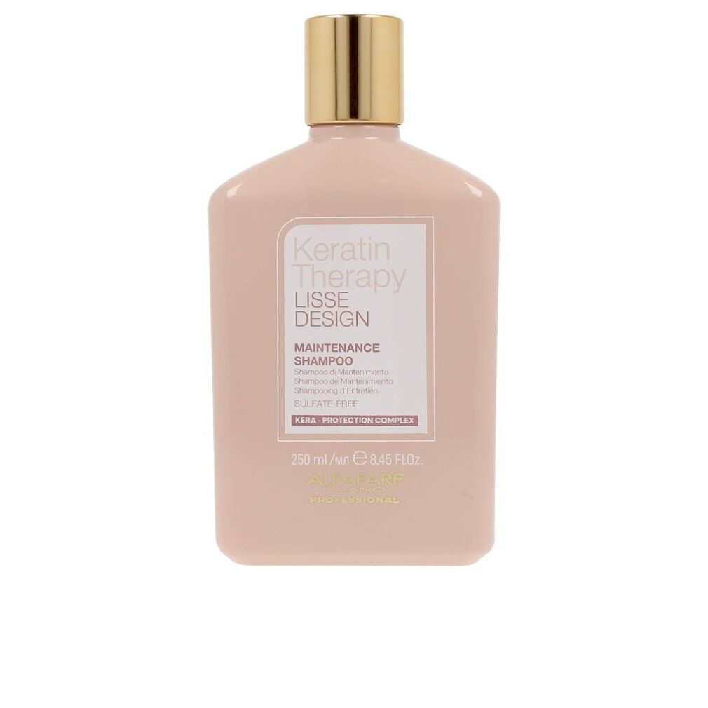 Flacone di shampoo rosa con tappo dorato. Scritta: Keratin Therapy Lisse Design Maintenance Shampoo. Marchio: Alfaparf Milano.