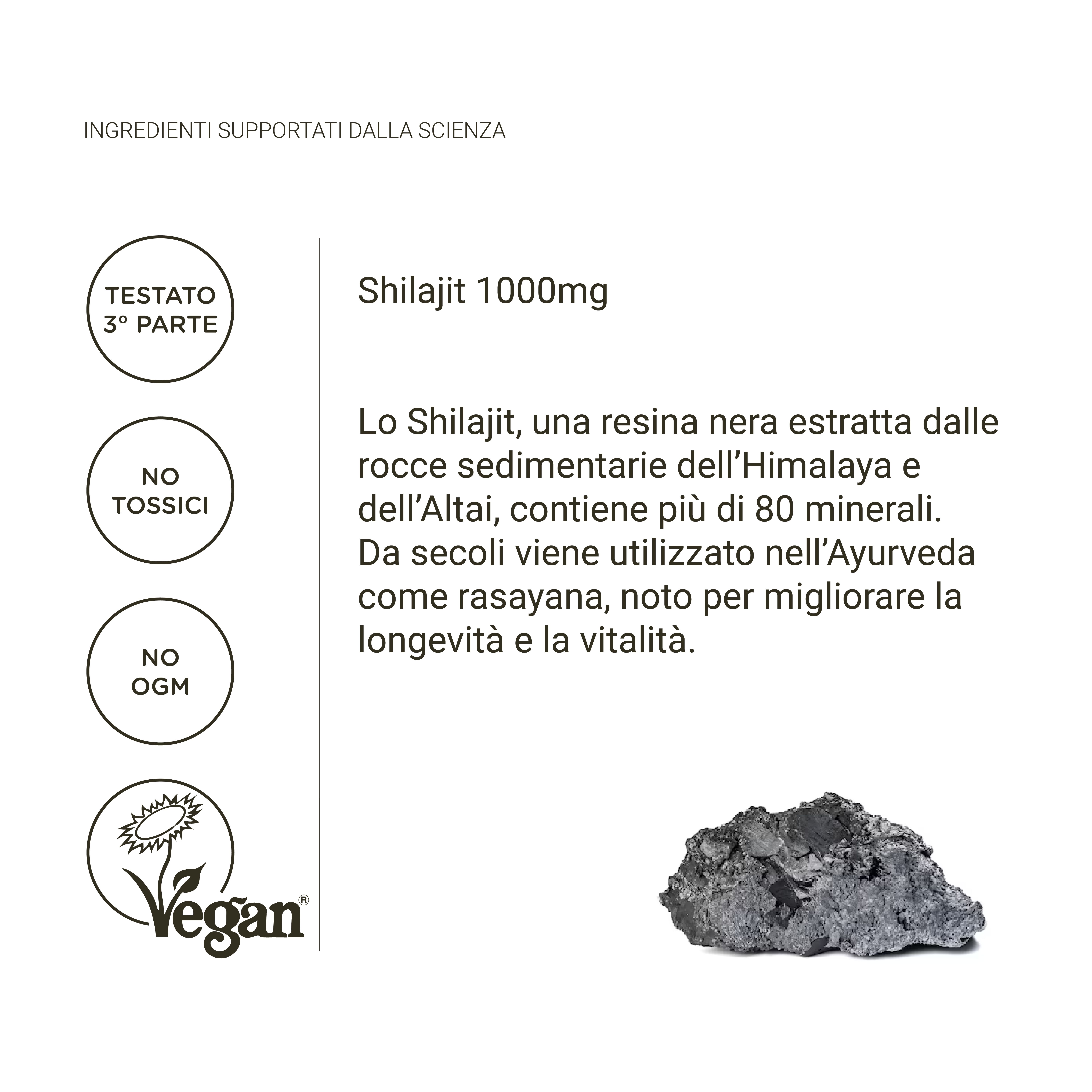 Bottiglia marrone con capsule. Testo: Shilajit, supporta la produzione di testosterone, aumenta l'energia, favorisce la cognizione.