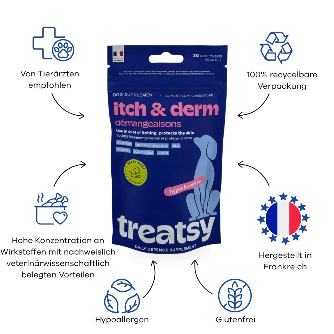 Busta blu "itch & derm" e "Treatsy". Con logo veterinario, "Ipoallergenico", "Senza glutine" e bandiera.
