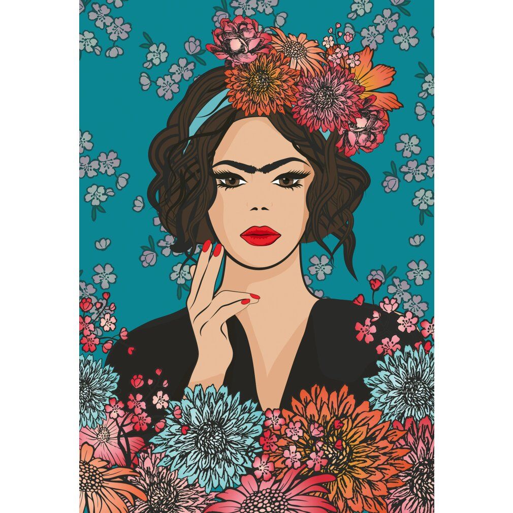 Illustrazione di Frida Kahlo con corona di fiori e rossetto rosso. Donna su sfondo blu con fiori. Primo piano.