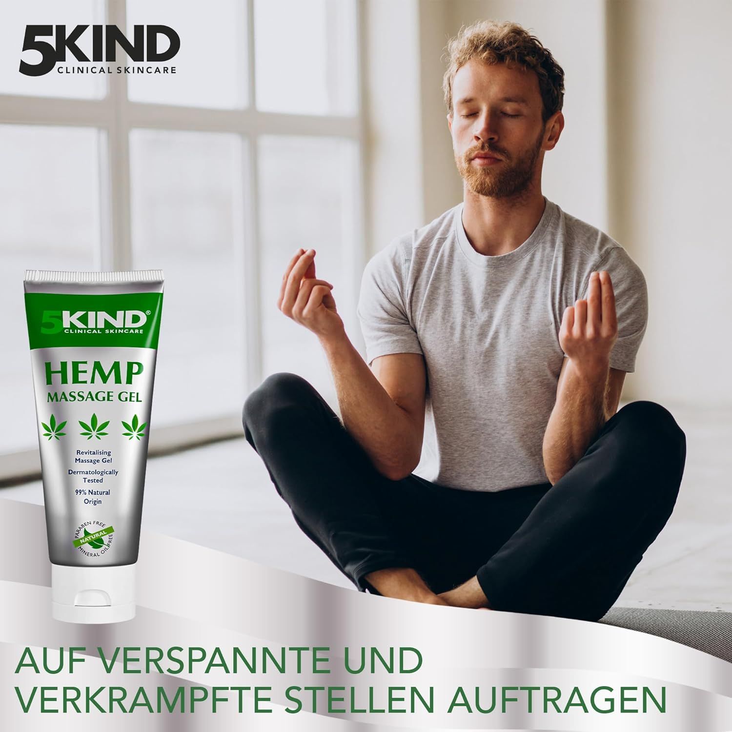 Uomo che medita. Tubo di gel al 5kind Hemp. Testo: APPLICARE SULLE ZONE TESE E CONTRATTE.