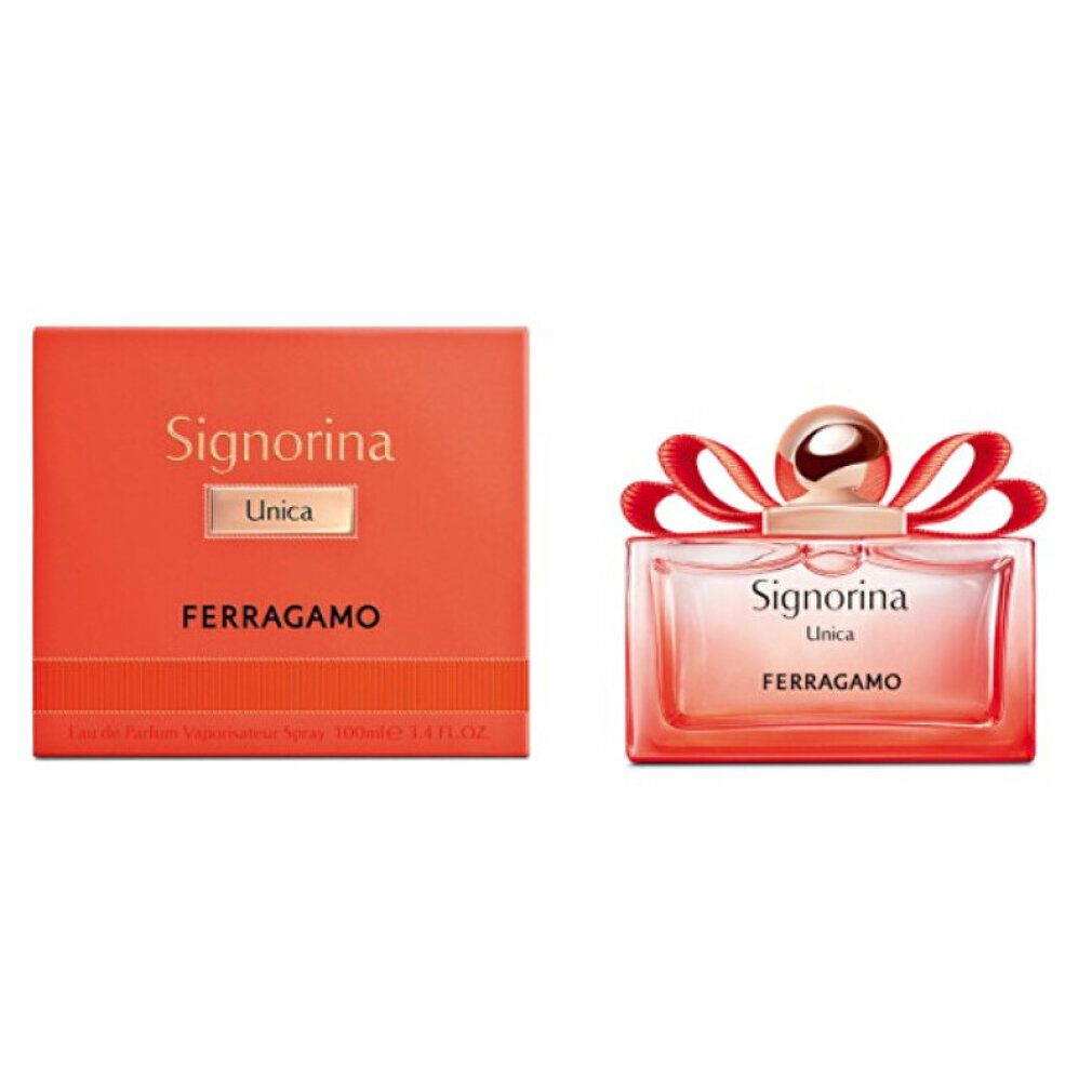 Scatola arancione e flacone. Flacone rettangolare rosa con tappo dorato e fiocco rosso. Scritta Signorina Unica Ferragamo.