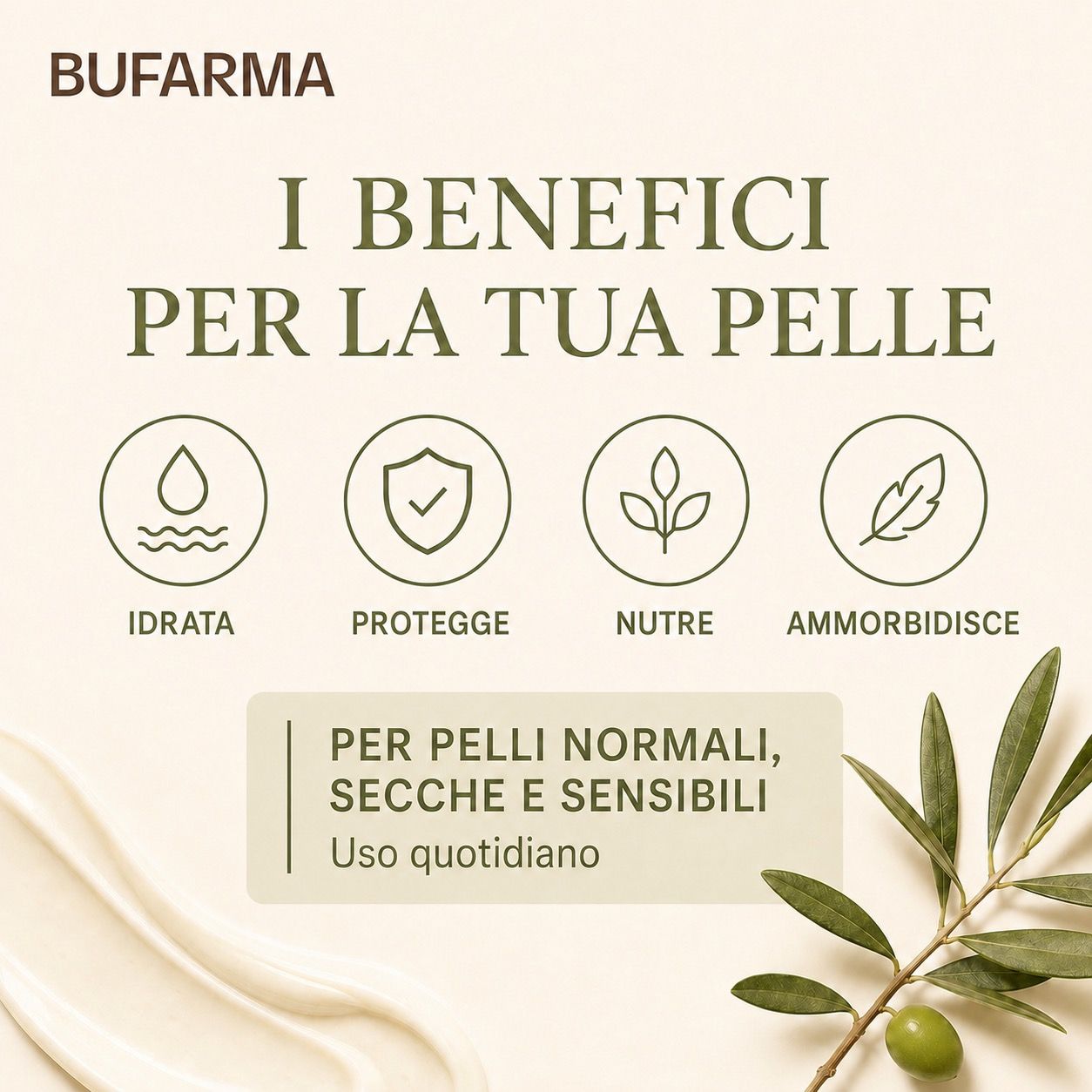 Grafica con benefici: idrata, protegge, nutre, ammorbidisce. Per pelli normali, secche e sensibili.