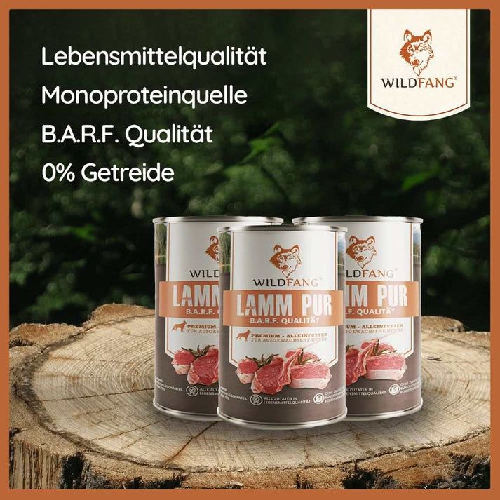 Tre lattine di WILDFANG® Lamm pur. Testo: Qualità alimentare, monoproteina, qualità B.A.R.F., 0% cereali.